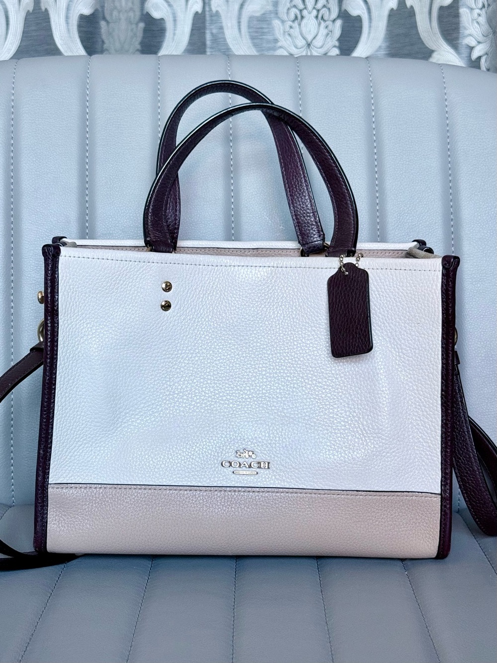 Coach Two-Tone Pebbled Leather Satchel in White and Dark Brown